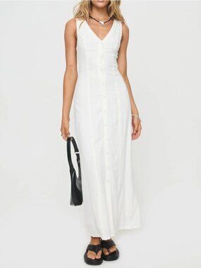 Princess Polly Summer Season Linen Blend Maxi Dress White V-Neck Resort Sz 6 NWT